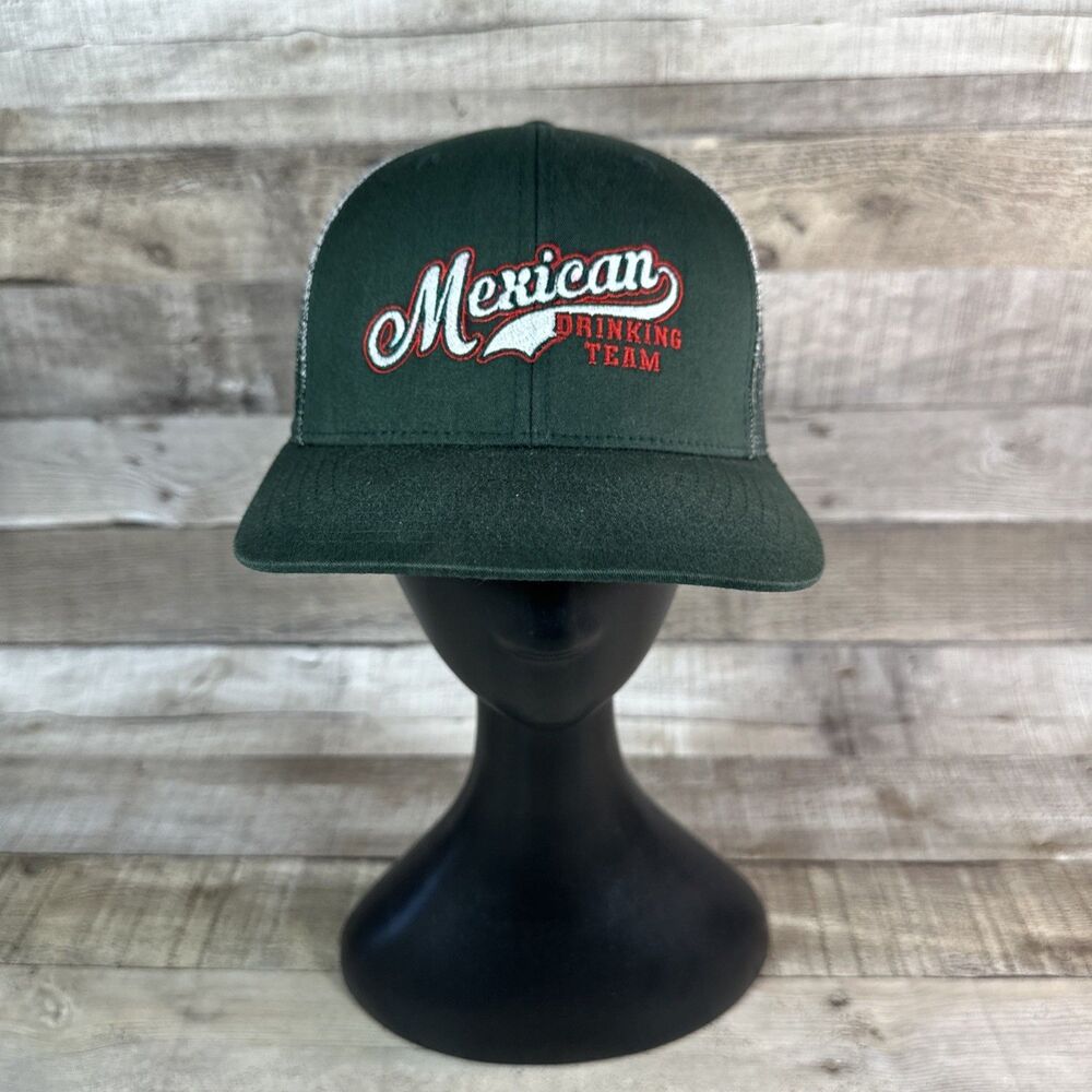 Mexican Drinking Team Green White Snapback Hat Fully Embroidered Richardson Co
